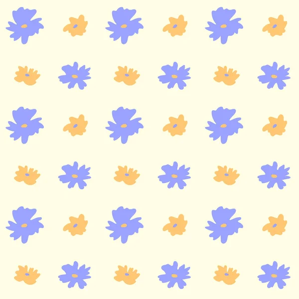 a pattern of purple flowers on a yellow background. Pattern with creative decorative flowers in scandinavian style.