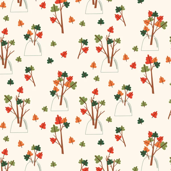 一种秋叶和枝条的花纹 有红色和绿色的叶子 背景是米黄色的 有一束橡木叶子在花瓶里的病媒图案 纺织品 印刷用图解 — 图库矢量图片