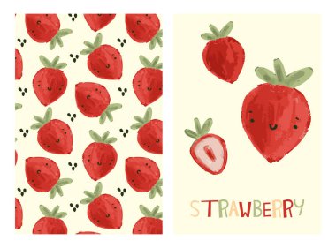 Çizgi film tarzında sulu çileklerle çizim ve desen seti. Alfabe, dekor, bebek kıyafetleri, ev dekorasyonu, arka plan, kartlar ve daha fazlası için vektör çizimleri