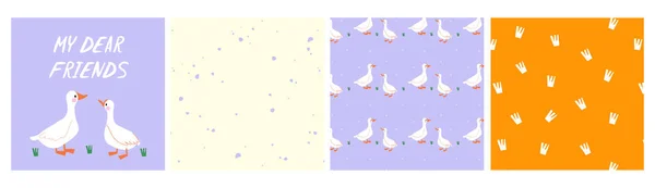 用白鹅和手写字体作精美的插图 一组有滴滴的图案 一串鸟的踪迹和一串重复的白色鸭子的图案 一套明信片和图案 — 图库矢量图片