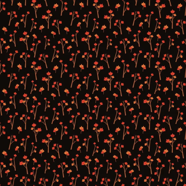 红色花在黑色背景上的花纹 秋天的花纹 深色的背景 枝条上有鲜红的枫叶 有秋季叶型重复图案的病媒图解 — 图库矢量图片