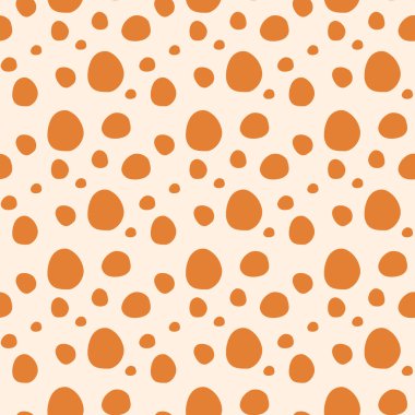 Turuncu noktalı ve beyaz arkaplanlı pürüzsüz bir desen. Tekrarlanan turuncu noktalı desen. Farklı boyutlarda daireleri olan soyut illüstrasyon.