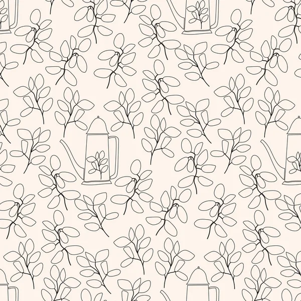 Modèle Avec Théière Feuillage Illustration Linéaire Théière Avec Des Fleurs — Image vectorielle