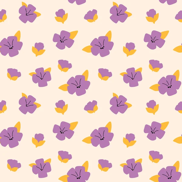 Purple and yellow flowers on a light pink background. Floral vector pattern in purple and yellow. Vector pattern for kids bedding, fabric, wallpaper, wrapping paper, textile, t-shirt