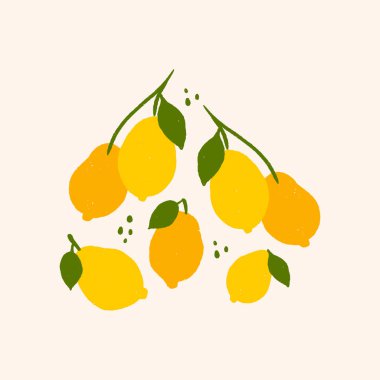 Yeşil yapraklı limonların basit bir çizimi. Sarı limonlu, tropik, pürüzsüz bir desen. Tekrarlanan meyve arka planı. Kumaş veya duvar kağıdı için parlak yazdırma vektörü.