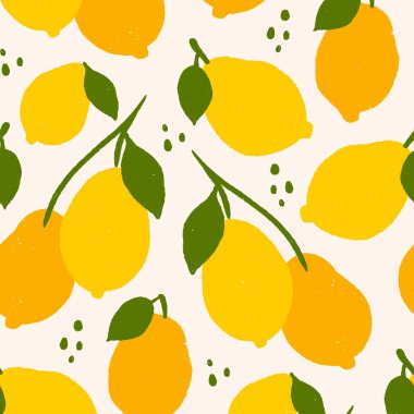Sarı limonlu, tropik, pürüzsüz bir desen. Tekrarlanan meyve arka planı. Kumaş veya duvar kağıdı için parlak yazdırma vektörü.