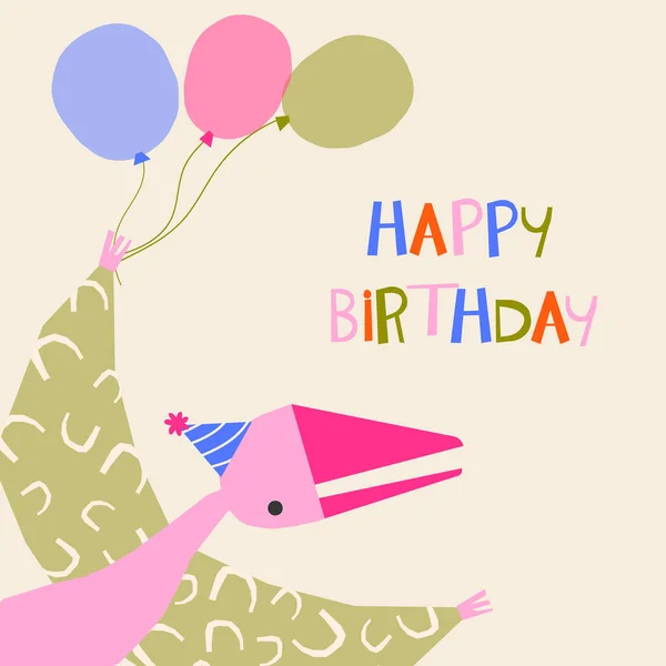 Щаслива Листівка День Народження Рожевим Динозавром Повітряними Кулями День Народження — стоковий вектор