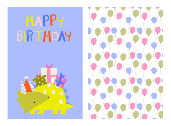 Happy Birthday Lovely Vector Illustration Pattern Funny Dinosaur Gift Hand — Stock Vector