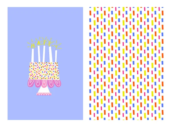 一个蓝色和粉红色的蛋糕上面写着生日快乐生日快乐Happy Birthday 可爱的矢量插图和图案与有趣的蛋糕 儿童房间装修用手绘印刷品 贺卡或海报 — 图库矢量图片