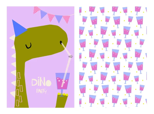 Dinosaurio Bebiendo Vaso Con Una Pancarta Fiesta Feliz Cumpleaños Preciosa Vectores de stock libres de derechos