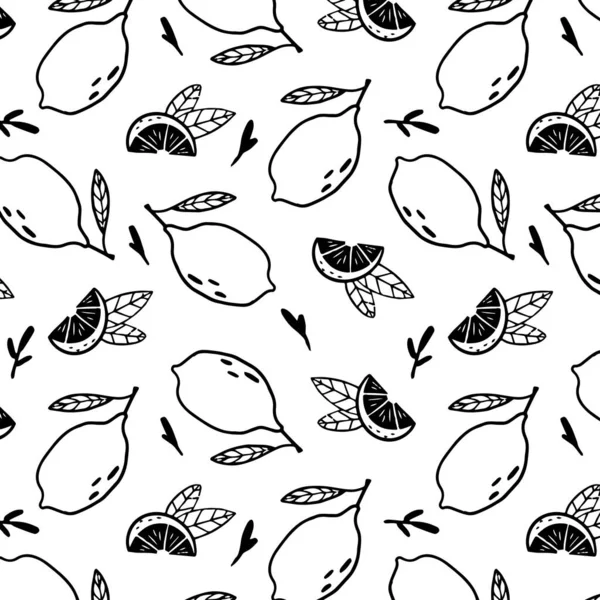 Черно Белый Безмордый Узор Симпатичными Лимонами Ручной Рисунок Модного Фона — стоковый вектор
