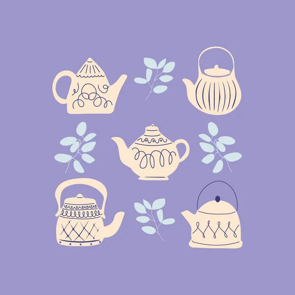 Niedliche Teekannen Haushaltsgeräte Cartoon Teekanne Oder Wasserkocher Dekorative Keramik Ein — Stockvektor