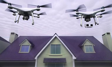 Drones flying over a house window, house privacy concept