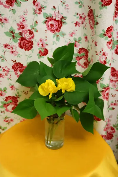 Sarı masa örtüsü üzerinde sarı çiçekler. Hayat konsepti..