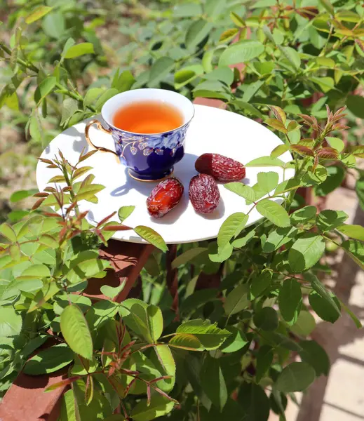 Bir fincan sıcak çay ve hurma.