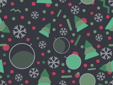 Kar taneleri, Noel süslemeleri ve 80 'lerin tarzında geometrik şekilleri olan kusursuz bir Noel deseni. Kutlama kartları, ambalaj kağıtları ve afişler için şenlikli bir zemin. Vektör illüstrasyonu