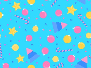 Noel ağaçları, Noel baloları, yıldızlar ve şekerlemelerle kusursuz bir Noel deseni. Kutlama kartları, ambalaj kağıtları, afişler ve posterler için Xmas süsleri. Vektör illüstrasyonu