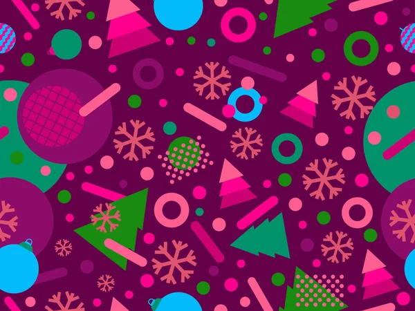 雪片やクリスマスの装飾や80年代のスタイルで幾何学的な形状とクリスマスシームレスパターン グリーティングカード 包装紙やバナーのためのお祭りの背景 ベクターイラスト — ストックベクタ
