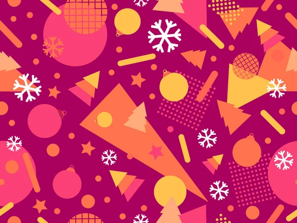 Patrón Sin Costuras Memphis Navidad Con Copos Nieve Decoraciones Navideñas — Vector de stock