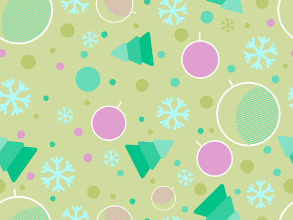 Christmas memphis seamless pattern with snowflakes and christmas decorations and geometric shapes in 80s style. Festive background for greeting cards, wrapping paper and banners. Vector illustration