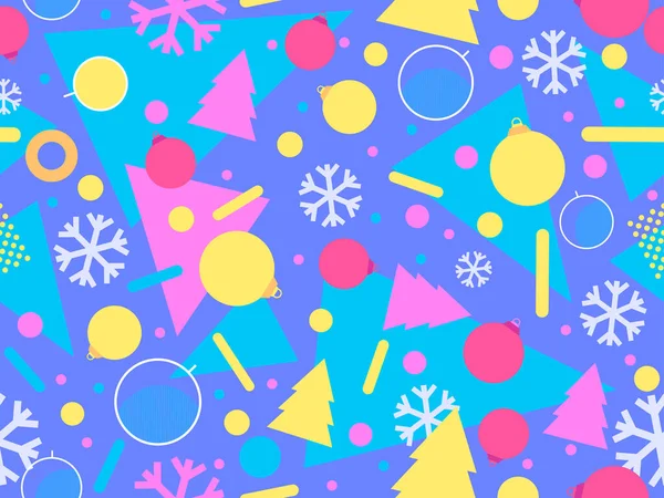 雪片やクリスマスの装飾や80年代のスタイルで幾何学的な形状とクリスマスメンフィスシームレスパターン グリーティングカード 包装紙やバナーのためのお祭りの背景 ベクターイラスト — ストックベクタ