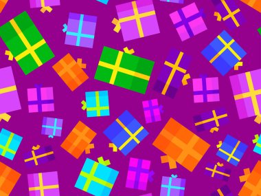 Noel hediyeleri kusursuz desen. Fiyonklu renkli hediye kutuları. Xmas tebrik kartları, ambalaj kağıtları, afişler ve tanıtım materyalleri için tasarım sunar. Vektör illüstrasyonu