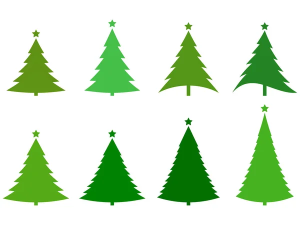 Рождественские Иконы Установлены Изолированно Белом Фоне Зеленые Елки Звездами Плоском — стоковый вектор