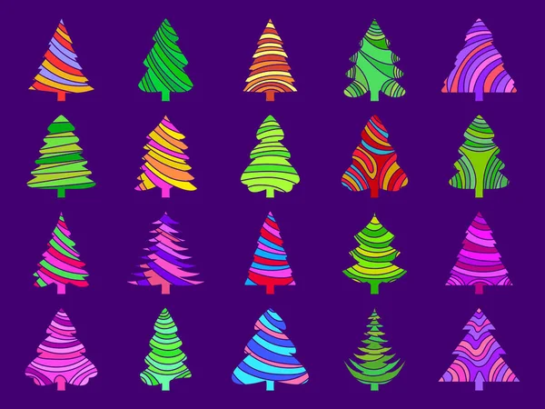 圣诞树的图标设置 五颜六色 有图案的圣诞树 松树和云杉树在一个明亮的现代风格 海报和贺卡的树木设计 矢量说明 — 图库矢量图片