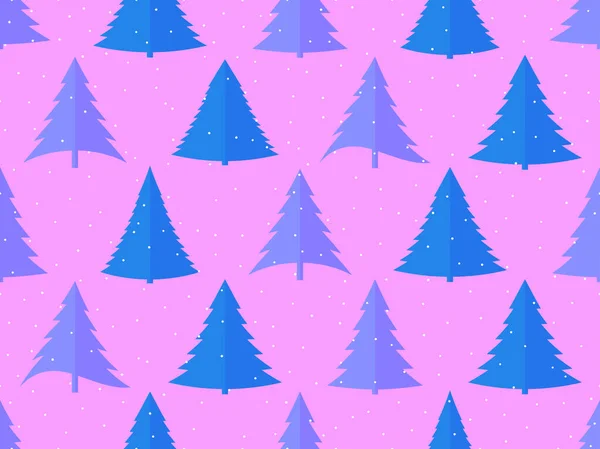 无缝隙图案 圣诞树呈扁平风格 紫色背景上的蓝色圣诞树 雪花飘落 壁纸和横幅的节日设计 矢量说明 — 图库矢量图片