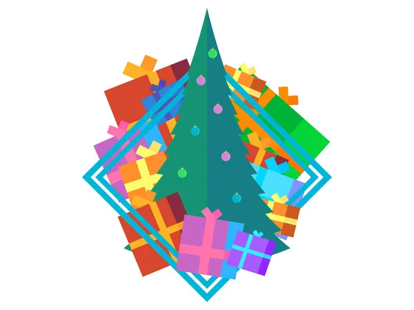 圣诞快乐 圣诞树 白色背景的框架里有礼物 一堆堆有弓的礼物 邀请函和横幅的圣诞设计 矢量说明 — 图库矢量图片