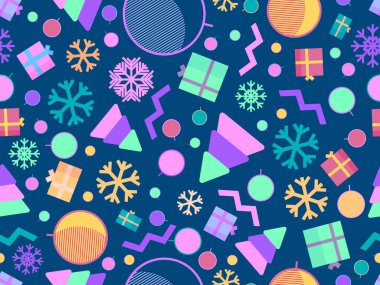 Kar taneleri ve üç boyutlu hediye kutularıyla kusursuz bir Noel deseni. Memphis geometrik elementleri 80 'ler tarzında. Promosyon malzemesi, ambalaj kağıdı ve afiş basmak için Xmas tasarımı. Vektör illüstrasyonu