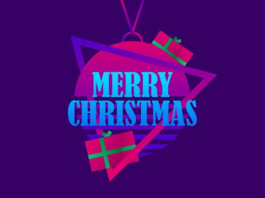 Synthwave ve retrowave tarzında mutlu Noeller. Retro bilim kurgu 80 'lerin noel balosu ve 3D hediye kutuları. Tebrik kartı, promosyon malzemesi ve afiş için şenlik tasarımı. Vektör illüstrasyonu