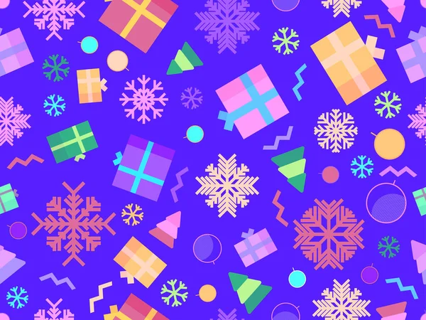 Різдвяний Безшовний Візерунок Сніжинками Подарунковими Коробками Геометричні Сніжинки Ялинки Різдвяний — стоковий вектор