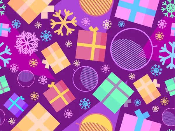 幾何学的なクリスマスボール 雪の結晶と3Dギフトボックスとクリスマスシームレスパターン 販促資料に印刷するためのクリスマスデザイン 包装紙とバナー ベクターイラスト — ストックベクタ