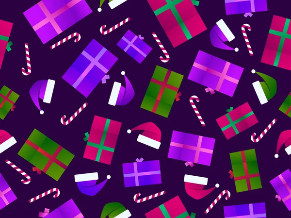Weihnachten Nahtlose Muster Mit Geschenkschachteln Weihnachtsmützen Und Lutschern Farbverlauf Von — Stockvektor