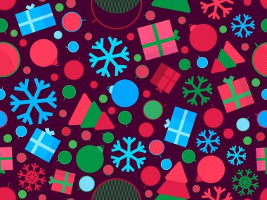 Geometrik Noel topları, kar taneleri ve 3 boyutlu hediye kutularıyla kusursuz bir Noel deseni. Promosyon malzemesi, ambalaj kağıdı ve afiş basmak için Xmas tasarımı. Vektör illüstrasyonu