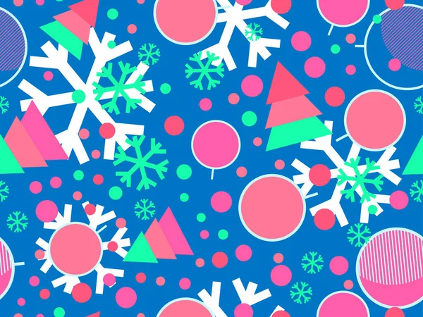クリスマスの装飾や80年代のスタイルで幾何学的な形状とクリスマスシームレスパターン グリーティングカード 包装紙やバナーのためのお祭りの背景 ベクターイラスト — ストックベクタ
