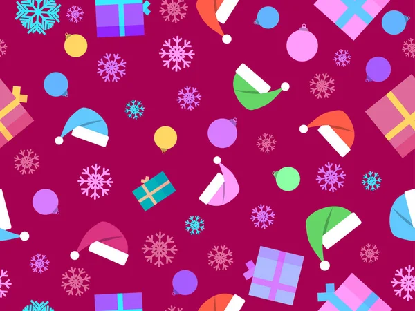 Patrón Sin Costuras Navidad Con Bolas Navidad Copos Nieve Cajas — Vector de stock