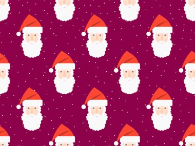 Kusursuz desenli, şapkalı Noel Baba 'nın yüzü. Mutlu Noeller ve mutlu yıllar. Kar yağan Noel Tasarımı ve Noel Baba baskısı, posterler ve afişler için. Vektör illüstrasyonu