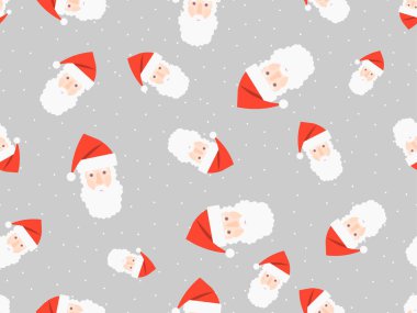 Kusursuz desenli, şapkalı Noel Baba 'nın yüzü. Mutlu Noeller ve mutlu yıllar. Kar yağan Noel Tasarımı ve Noel Baba baskısı, posterler ve afişler için. Vektör illüstrasyonu