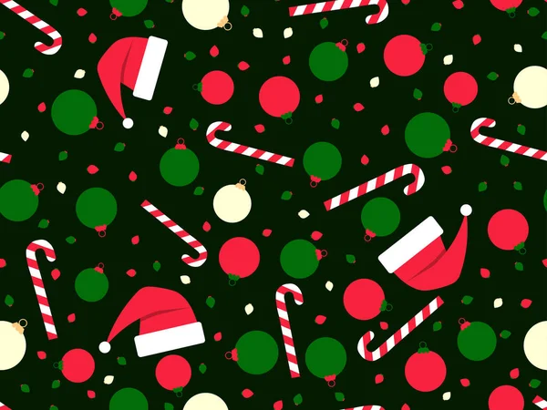 Patrón Sin Costuras Navidad Con Bolas Navidad Piruletas Sombreros Santa — Archivo Imágenes Vectoriales