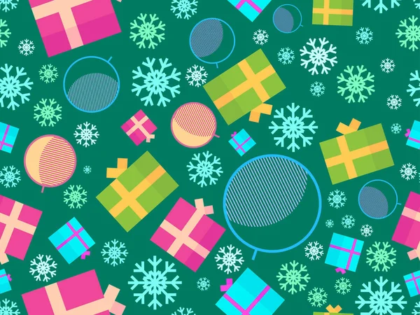 Patrón Sin Costuras Navidad Con Bolas Navidad Copos Nieve Cajas — Vector de stock