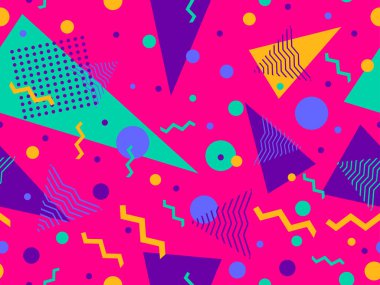 Memphis seamless pattern with geometric shapes in 80s style. Colorful geometric shapes on a blue background. Design of promotional products, wrapping paper and printing. Vector illustration