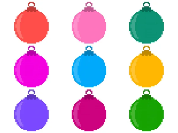 ピクセルクリスマスボールのアイコンを設定します 異なる色のピクセルアートスタイルのクリスマスボール 80年代と90年代の8ビットレトロゲーム グリーティングカード バナー 招待状のデザイン ベクターイラスト — ストックベクタ
