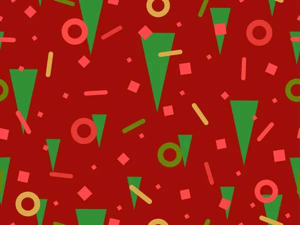 80年代のメンフィススタイルで幾何学的な形状を持つシームレスなパターン 赤と緑のクリスマスカラーパレットの三角形 正方形 バナーのデザイン ベクターイラスト — ストックベクタ