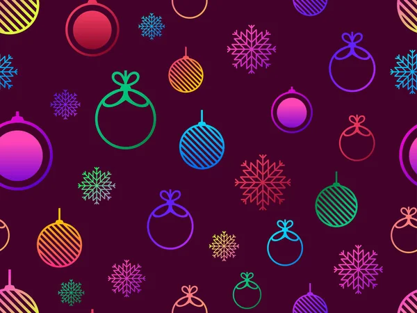 グラデーションクリスマスボールと雪の結晶とクリスマスシームレスなパターン 弓でクリスマスボールの輪郭 グリーティングカード ポスターやバナーのためのクリスマスデザイン ベクターイラスト — ストックベクタ