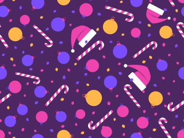 Noel topları, lolipoplar ve Noel Baba şapkalarıyla kusursuz bir Noel deseni. Mutlu noeller. Baskı, ambalaj kağıdı ve posterler için mor ve bordo renklerinde Xmas tasarımı. Vektör illüstrasyonu