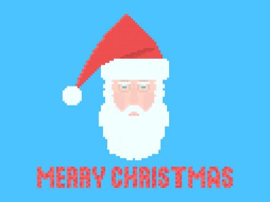 Piksel sanat tarzında Noel Baba. Noel Baba 'nın eski moda şapkalı, 8-bit grafikli yüzü. Kutlama kartları, posterler ve afişler için Noel tasarımı. Vektör illüstrasyonu