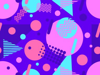 Memphis seamless pattern with geometric shapes in 80s style. Colorful geometric shapes on a violet background. Design of promotional products, wrapping paper and printing. Vector illustration