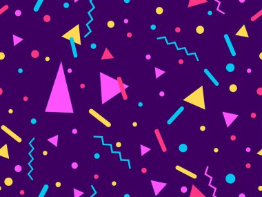 Memphis seamless pattern with geometric shapes in 80s style. Colorful geometric shapes on a violet background. Design of promotional products, wrapping paper and printing. Vector illustration